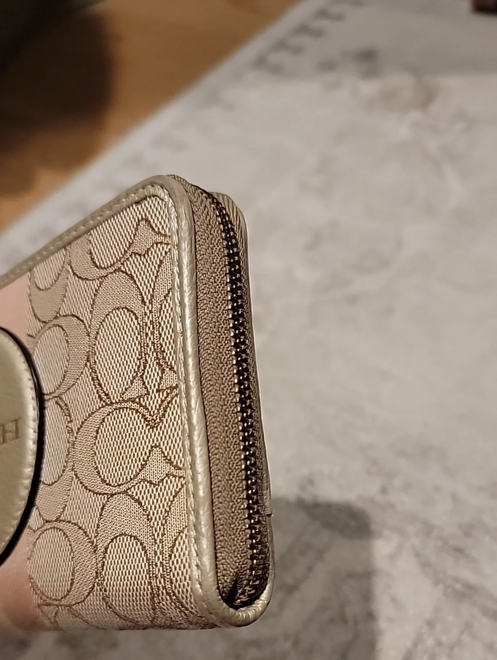 Coach Dempsey Beige and Pink Signature Zip Wallet With Leather Logo Patch